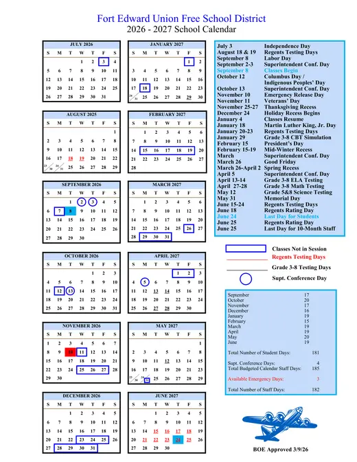 Fort Edward Union Free School District UFSD 2026–2027 Academic Calendar
