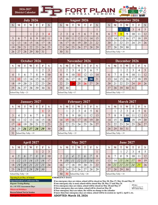 Fort Plain Central School CSD 2026–2027 Academic Calendar