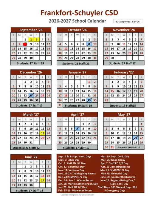 Frankfort-Schuyler CSD 2026–2027 Academic Calendar Page 1