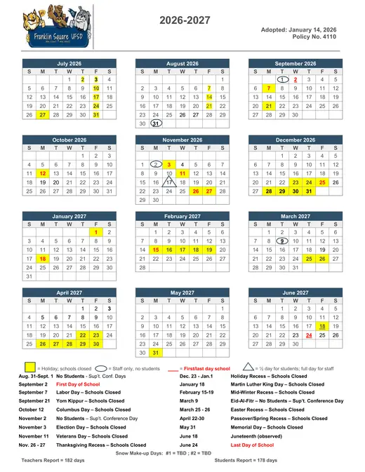 Franklin Square Union Free School District 2026–2027 Academic Calendar