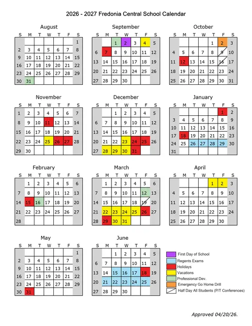 Fredonia Central School 2026–2027 Academic Calendar Page 1