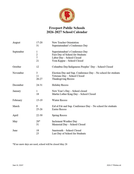 Freeport Public Schools 2026–2027 Academic Calendar Page 2