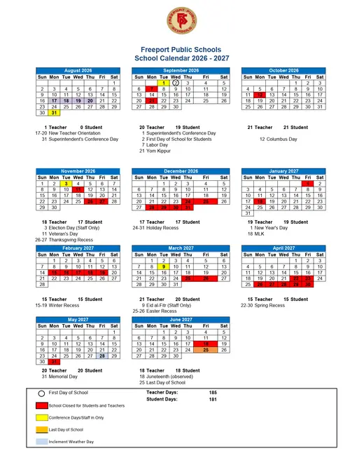 Freeport Public Schools 2026–2027 Academic Calendar Page 1