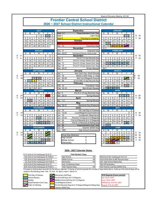 Frontier Central School District CSD 2026–2027 Academic Calendar