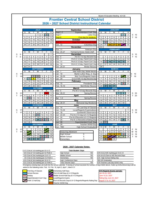 Frontier Central School District 2026–2027 Academic Calendar Page 1