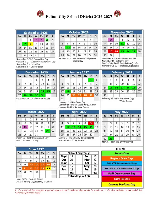 Fulton City School District 2026–2027 Academic Calendar