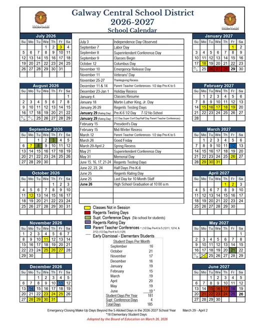 Galway Central School District 2026–2027 Academic Calendar Page 1