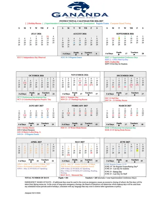 Gananda Central School District CSD 2026–2027 Academic Calendar