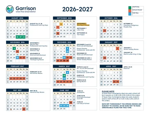 Garrison Union Free School District UFSD 2026–2027 Academic Calendar