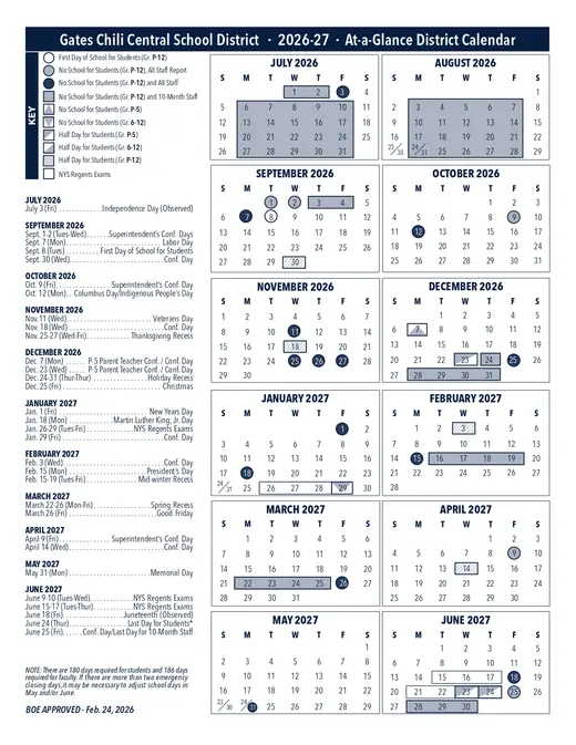 Gates Chili Central School District 2026–2027 Academic Calendar