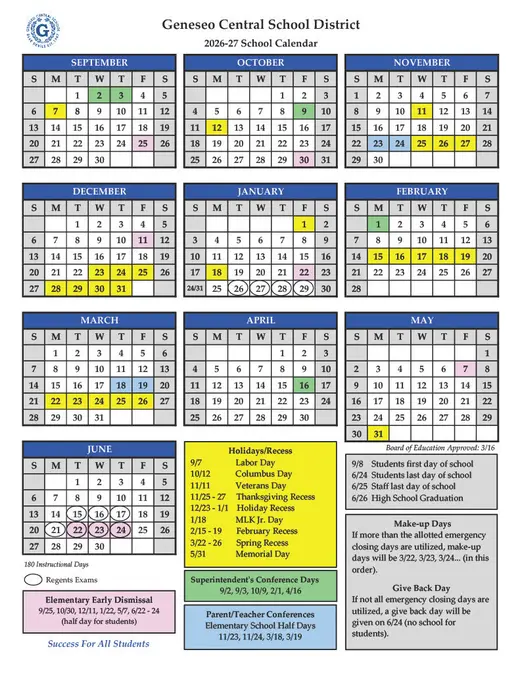 Geneseo Central School District 2026–2027 Academic Calendar Page 1