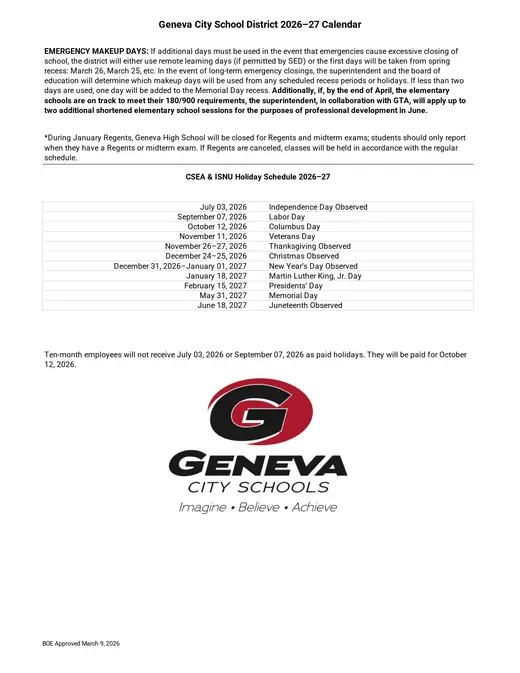 Geneva City School District 2026–2027 Academic Calendar Page 2