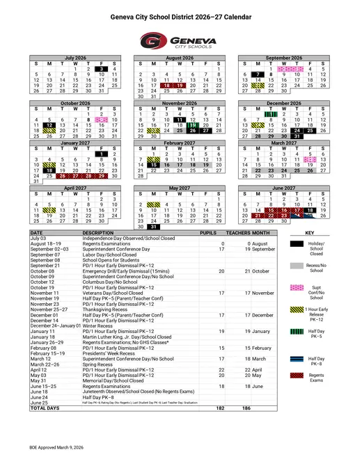 Geneva City School District 2026–2027 Academic Calendar Page 1