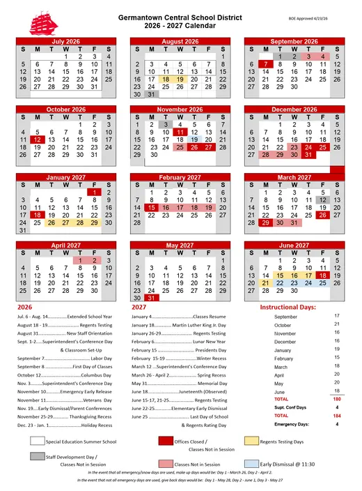 Germantown Central School District 2026–2027 Academic Calendar Page 1