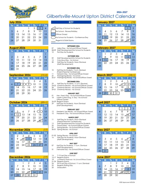 Gilbertsville-Mount Upton District 2026–2027 Academic Calendar Page 1