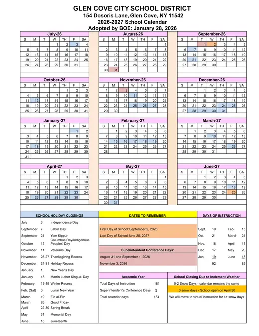 Glen Cove City School District 2026–2027 Academic Calendar