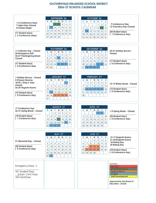 Gloversville Enlarged School District 2026–2027 Academic Calendar Page 1