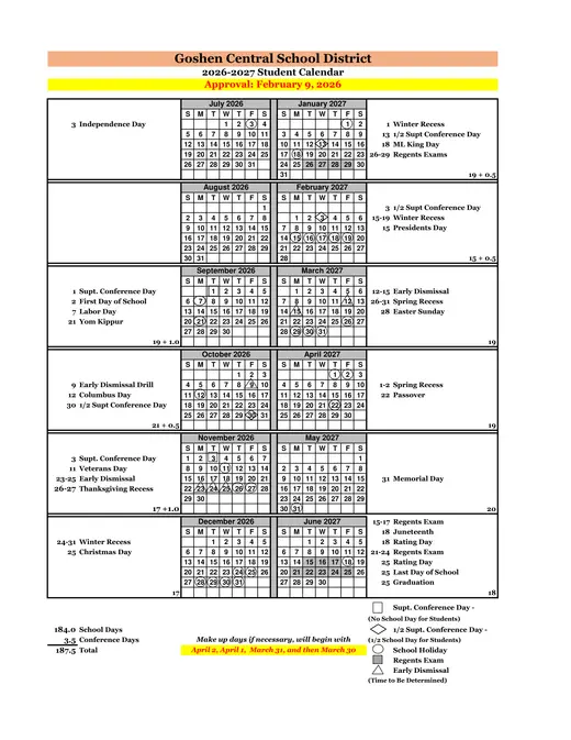 Goshen Central School District 2026–2027 Academic Calendar