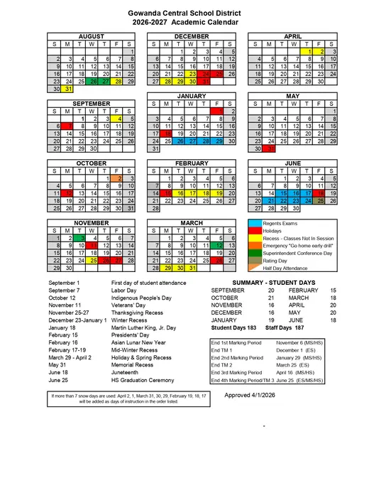 Gowanda Central School District 2026–2027 Academic Calendar