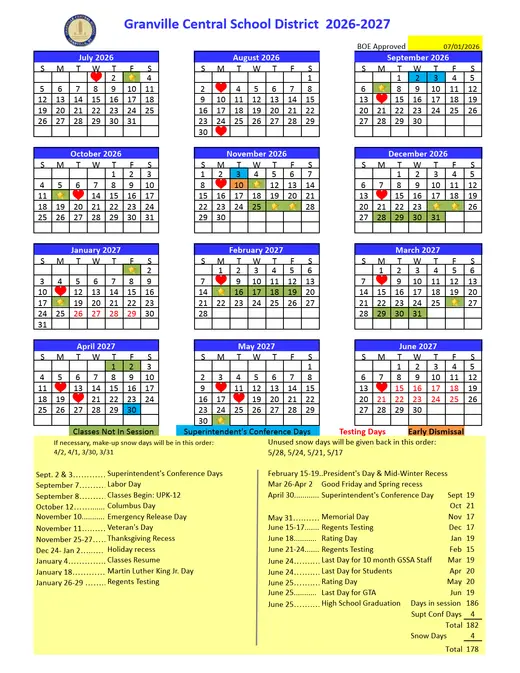 Granville Central School District 2026–2027 Academic Calendar Page 1