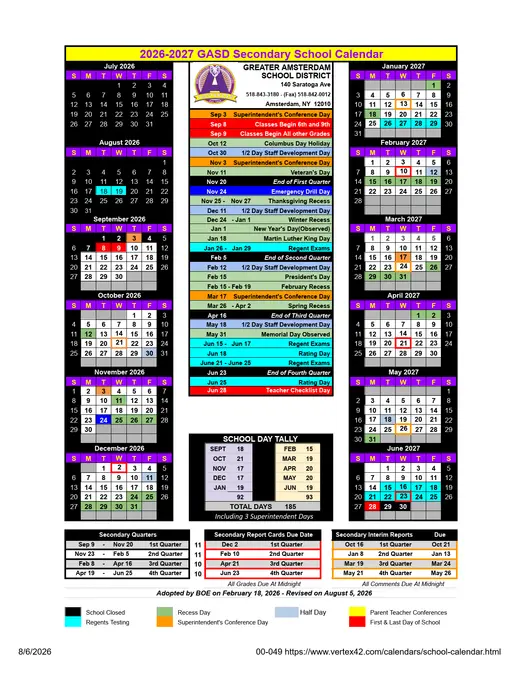 Greater Amsterdam School District (1) 2026–2027 Academic Calendar Page 1