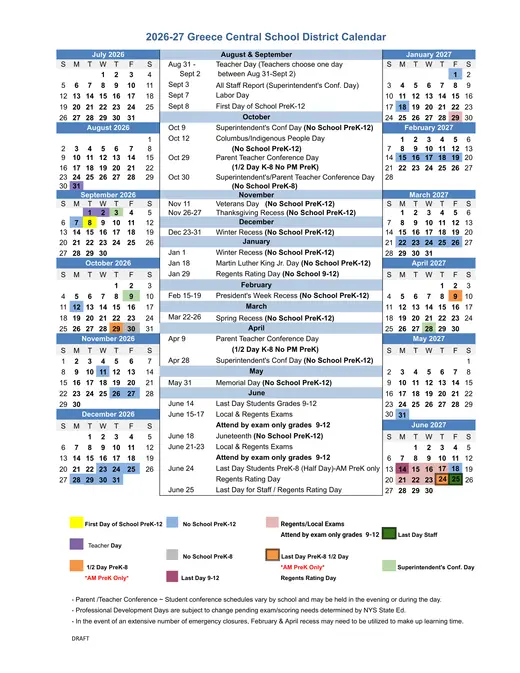 Greece Central School District 2026–2027 Academic Calendar