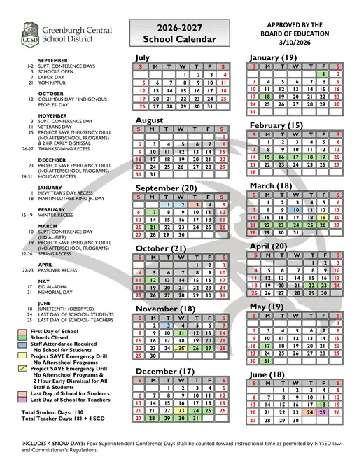 Greenburgh Central School District CSD 2026–2027 Academic Calendar
