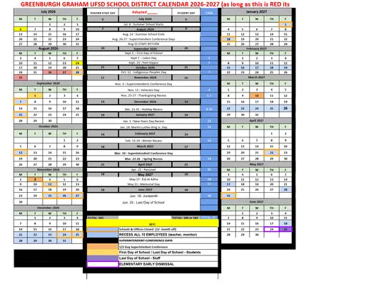 Greenburgh Graham Ufsd School District 2026–2027 Academic Calendar Page 1