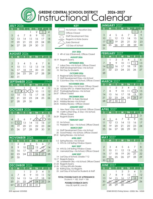 Greene Central School District 2026–2027 Academic Calendar Page 1