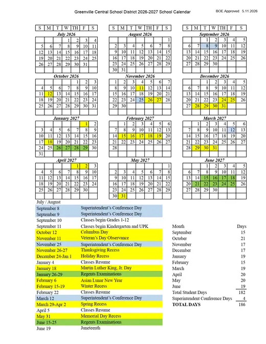 Greenville Central School District 2026–2027 Academic Calendar Page 2