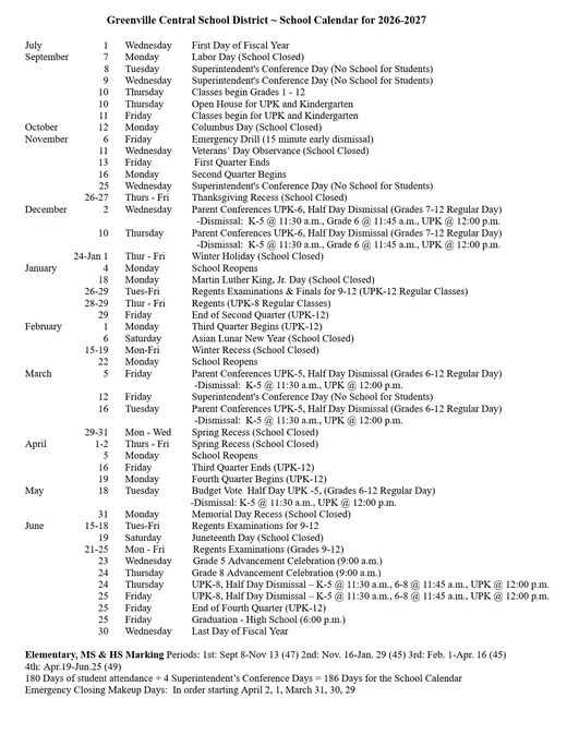 Greenville Central School District 2026–2027 Academic Calendar Page 1
