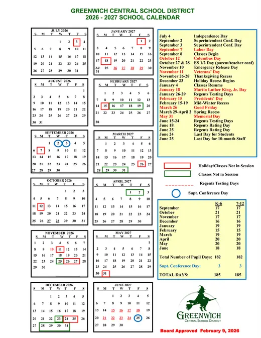 Greenwich Central School District 2026–2027 Academic Calendar Page 2