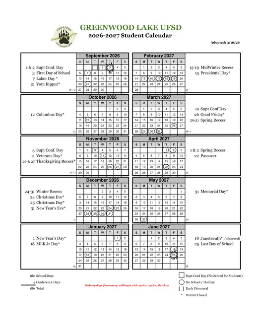 Greenwood Lake Ufsd 2026–2027 Academic Calendar