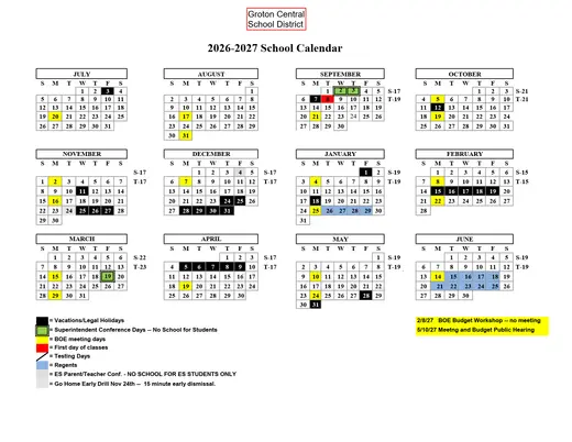 Groton Central School District 2026–2027 Academic Calendar Page 1