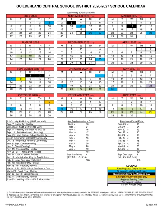 Guilderland Central School District CSD 2026–2027 Academic Calendar