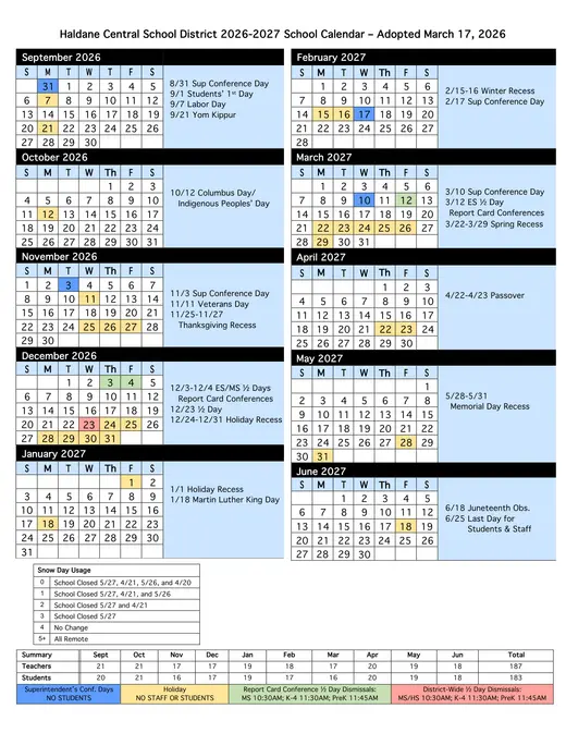 Haldane Central School District CSD 2026–2027 Academic Calendar