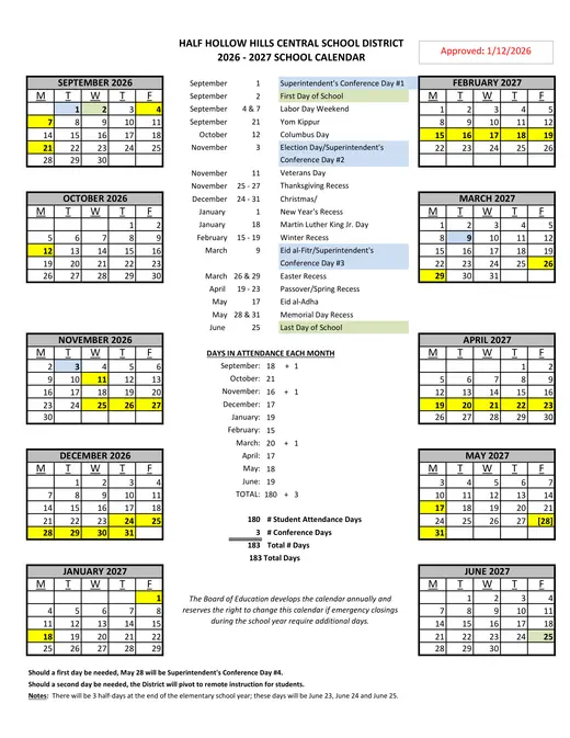 Half Hollow Hills Central School District 2026–2027 Academic Calendar