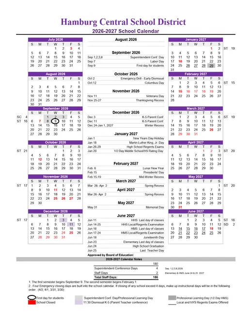 Hamburg Central School District 2026–2027 Academic Calendar Page 1