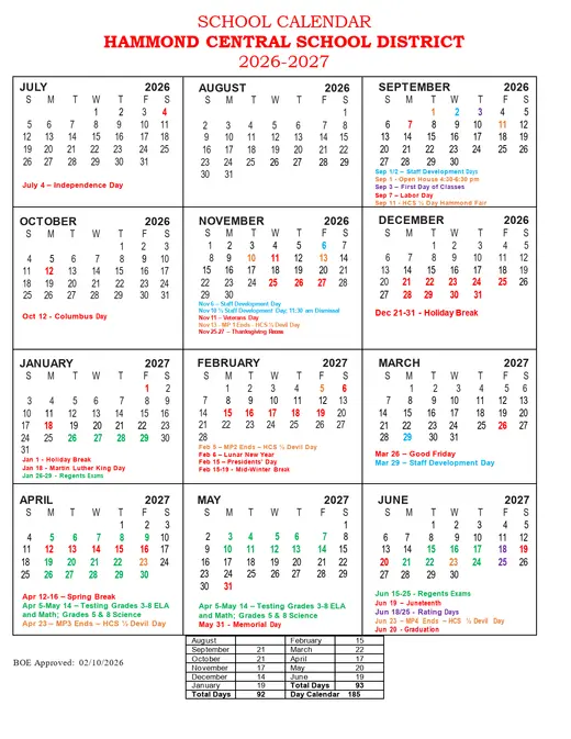 Hammond Central School District 2026–2027 Academic Calendar Page 1
