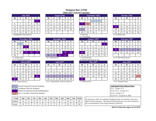Hampton Bays Union Free School District 2026–2027 Academic Calendar