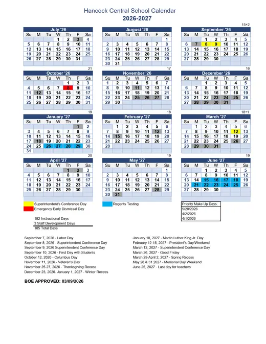 Hancock Central School 2026–2027 Academic Calendar Page 1