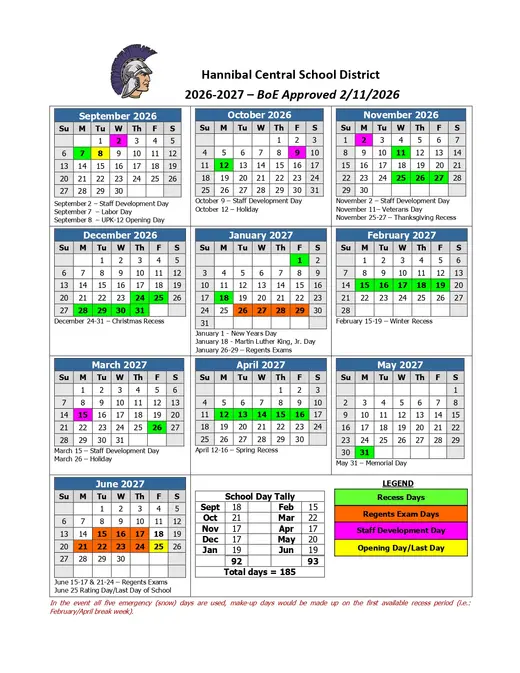 Hannibal Central School District 2026–2027 Academic Calendar