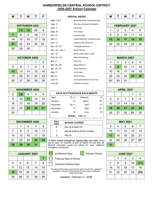 Harborfields Central School District 2026–2027 Academic Calendar