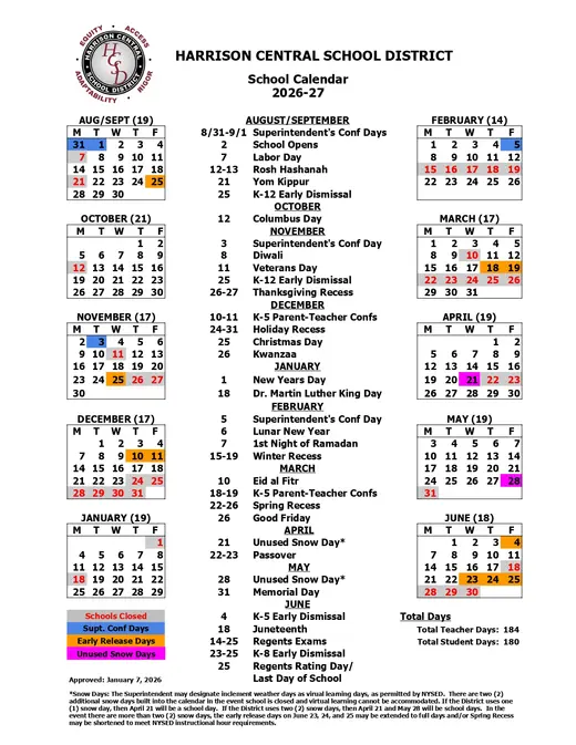 Harrison Central School District 2026–2027 Academic Calendar