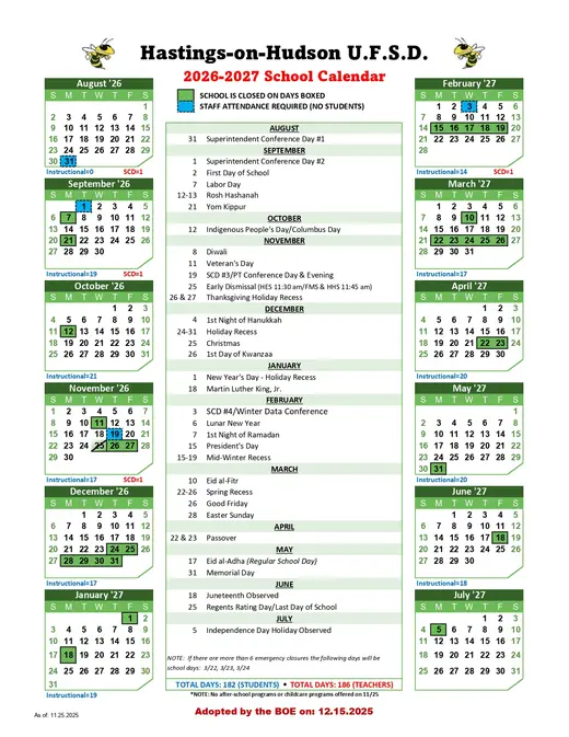 Hastings-on-Hudson Union Free School District 2026–2027 Academic Calendar