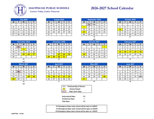 Hauppauge Public Schools UFSD 2026–2027 Academic Calendar