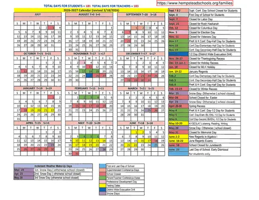 Hempstead Union Free School District 2026–2027 Academic Calendar