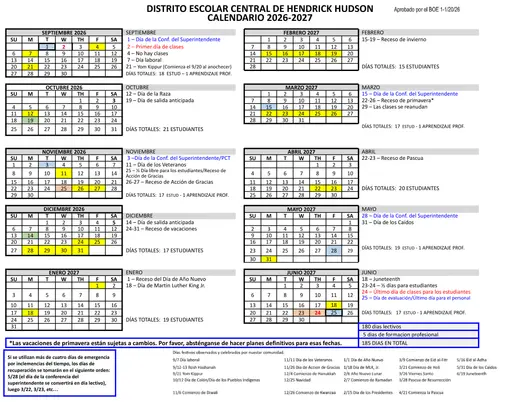 Hendrick Hudson Central School District 2026–2027 Academic Calendar