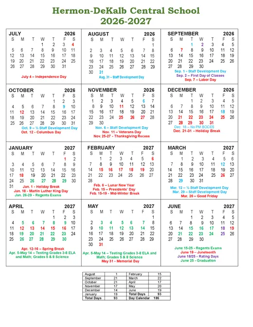 Hermon-Dekalb Central School 2026–2027 Academic Calendar Page 1