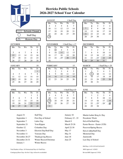 Herricks Public Schools 2026–2027 Academic Calendar